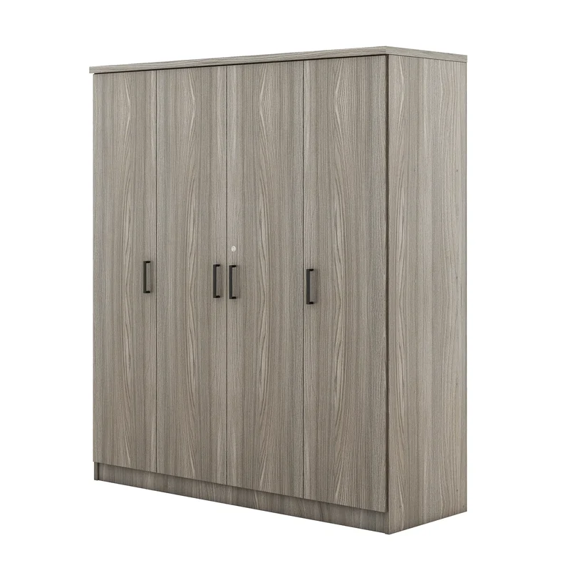 Wardrobe with Hanging Rail, Locking Drawer, Black Handles, 59" L x 20" W x 68" H, Grey