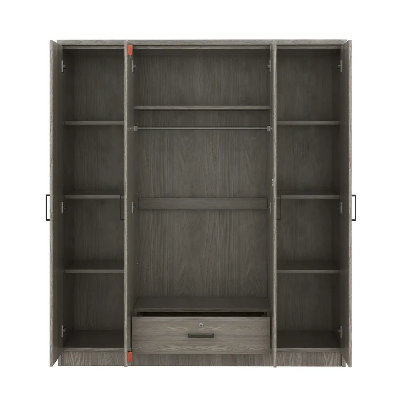 Wardrobe with Hanging Rail, Locking Drawer, Black Handles, 59" L x 20" W x 68" H, Grey