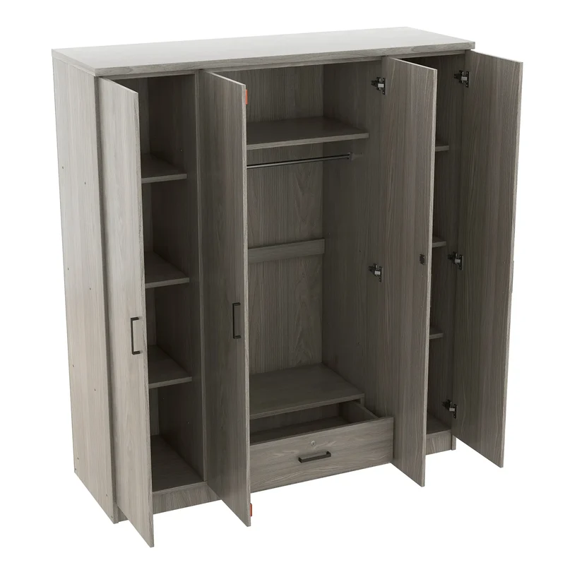 Wardrobe with Hanging Rail, Locking Drawer, Black Handles, 59" L x 20" W x 68" H, Grey