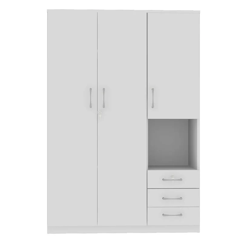 Wooden Wardrobe, Shelves, 3 Drawers, Hanging Rod, 47" L x 20" W x 69" H, White