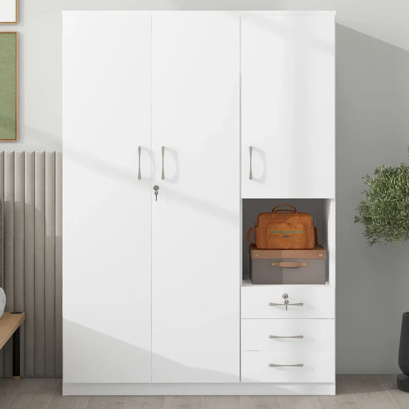 Wooden Wardrobe, Shelves, 3 Drawers, Hanging Rod, 47" L x 20" W x 69" H, White