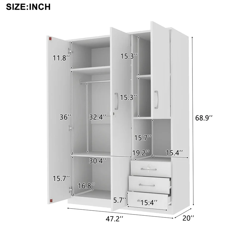 Wooden Wardrobe, Shelves, 3 Drawers, Hanging Rod, 47" L x 20" W x 69" H, White