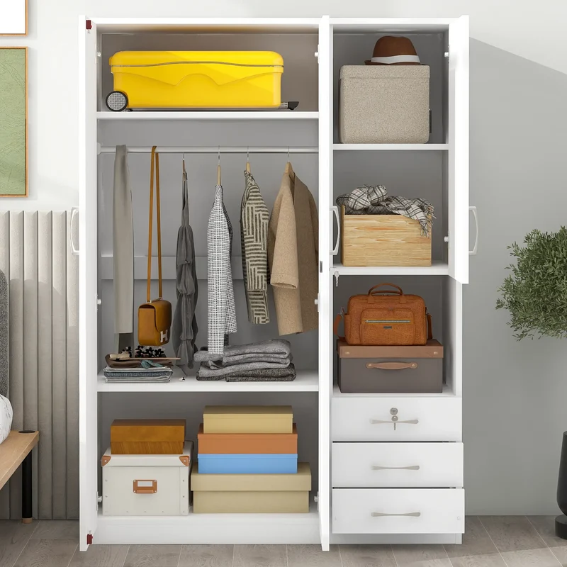 Wooden Wardrobe, Shelves, 3 Drawers, Hanging Rod, 47" L x 20" W x 69" H, White