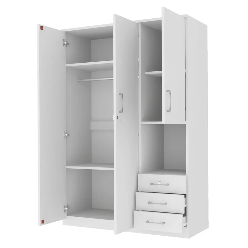 Wooden Wardrobe, Shelves, 3 Drawers, Hanging Rod, 47" L x 20" W x 69" H, White
