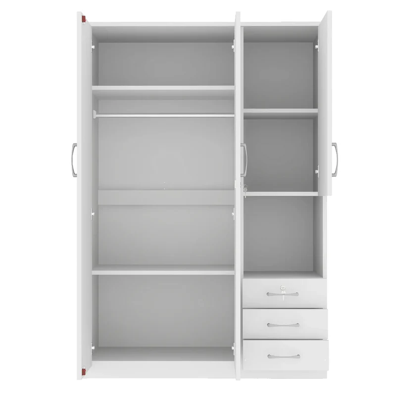 Wooden Wardrobe, Shelves, 3 Drawers, Hanging Rod, 47" L x 20" W x 69" H, White