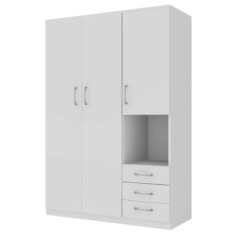 Wooden Wardrobe, Shelves, 3 Drawers, Hanging Rod, 47" L x 20" W x 69" H, White
