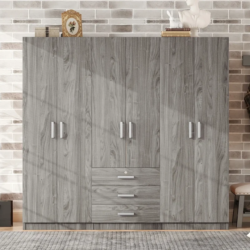 Wooden Wardrobe, 3 Drawers, MDF, Compact, 71" L x 19" W x 68" H, Grey
