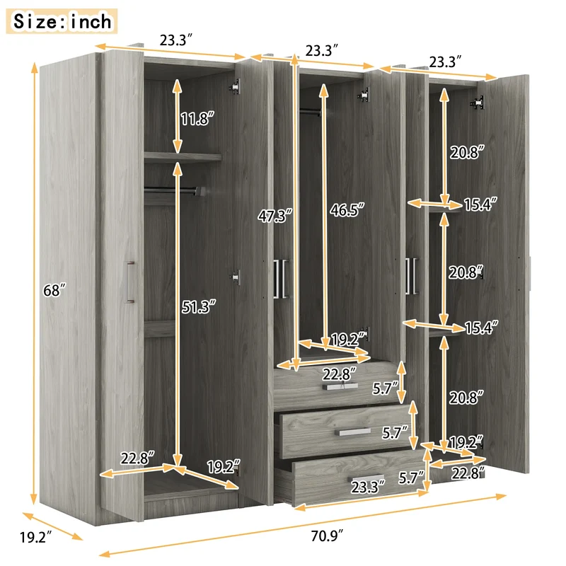 Wooden Wardrobe, 3 Drawers, MDF, Compact, 71" L x 19" W x 68" H, Grey
