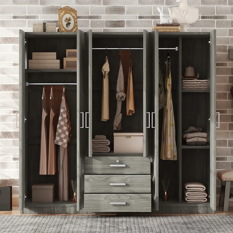 Wooden Wardrobe, 3 Drawers, MDF, Compact, 71" L x 19" W x 68" H, Grey