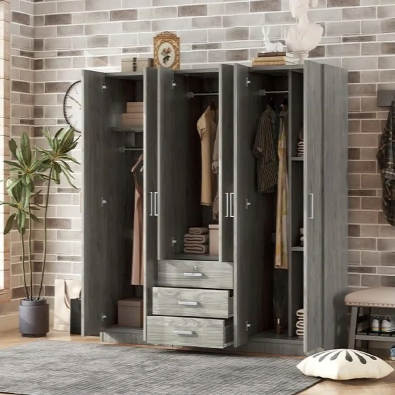 Wooden Wardrobe, 3 Drawers, MDF, Compact, 71" L x 19" W x 68" H, Grey