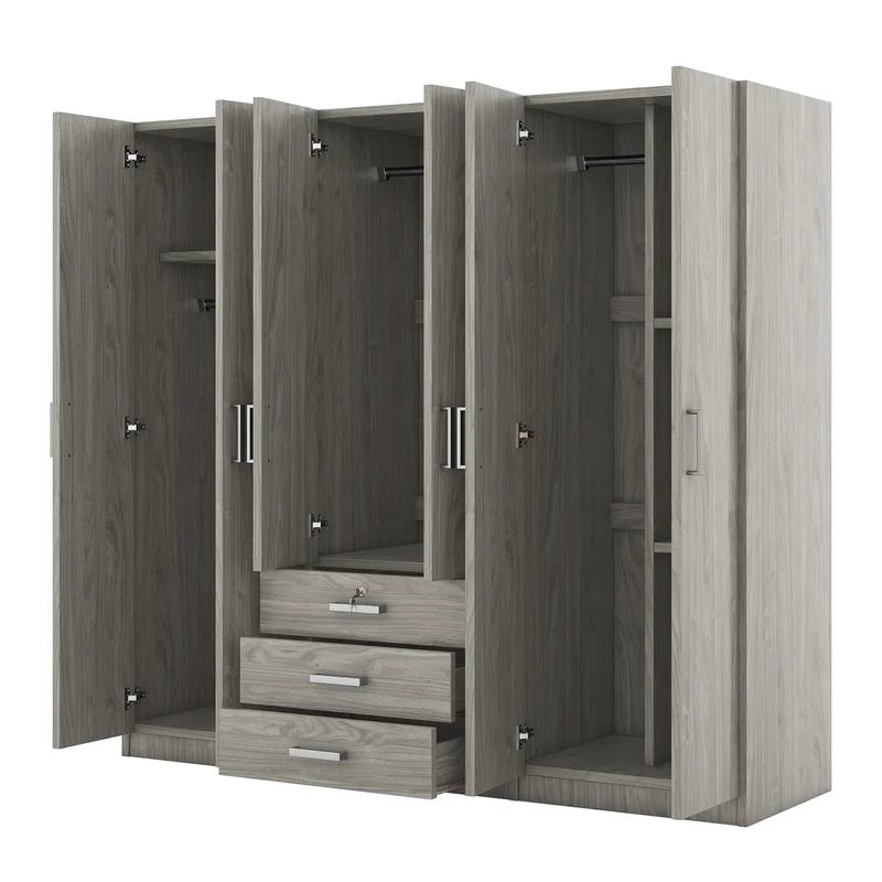 Wooden Wardrobe, 3 Drawers, MDF, Compact, 71" L x 19" W x 68" H, Grey