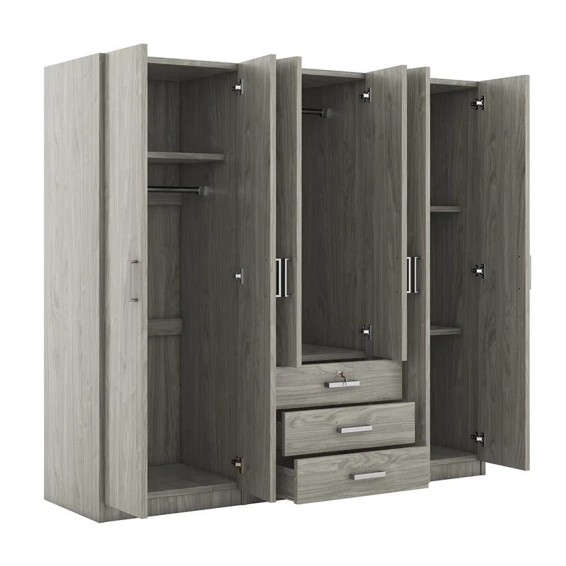 Wooden Wardrobe, 3 Drawers, MDF, Compact, 71" L x 19" W x 68" H, Grey