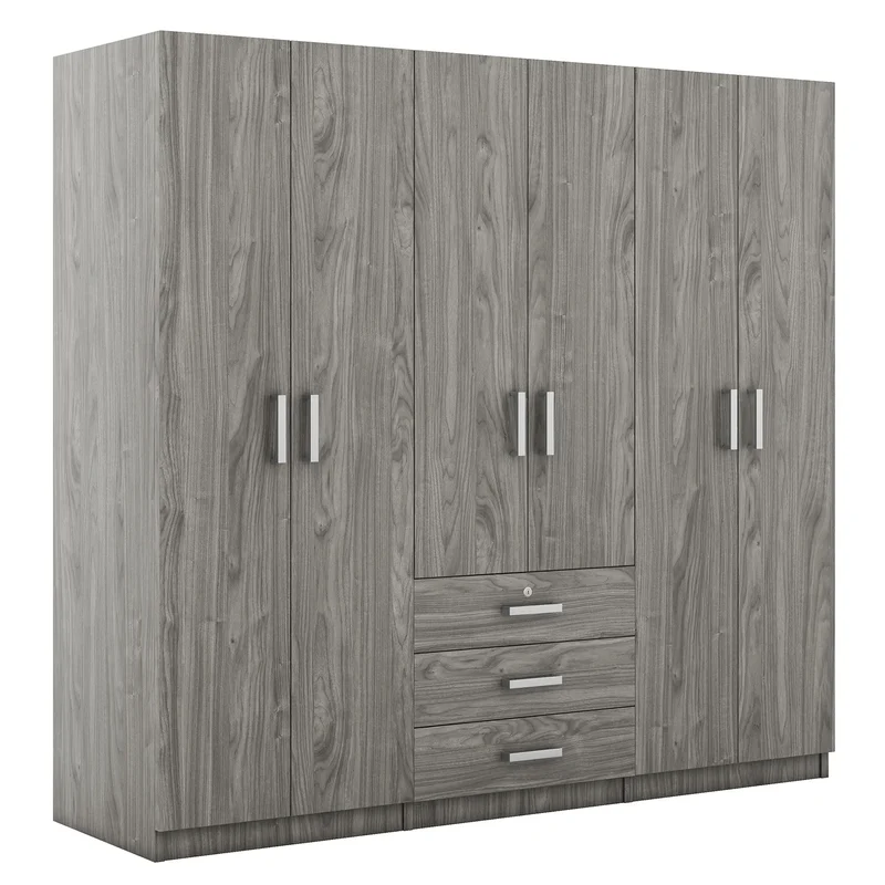 Wooden Wardrobe, 3 Drawers, MDF, Compact, 71" L x 19" W x 68" H, Grey