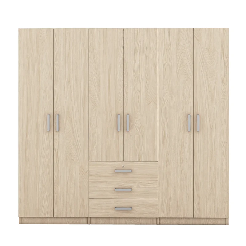 Wooden Wardrobe, 3 Drawers, MDF, Silver Handles, 71" L x 19" W x 68" H, Natural