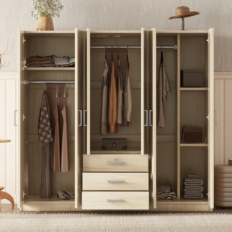Wooden Wardrobe, 3 Drawers, MDF, Silver Handles, 71" L x 19" W x 68" H, Natural