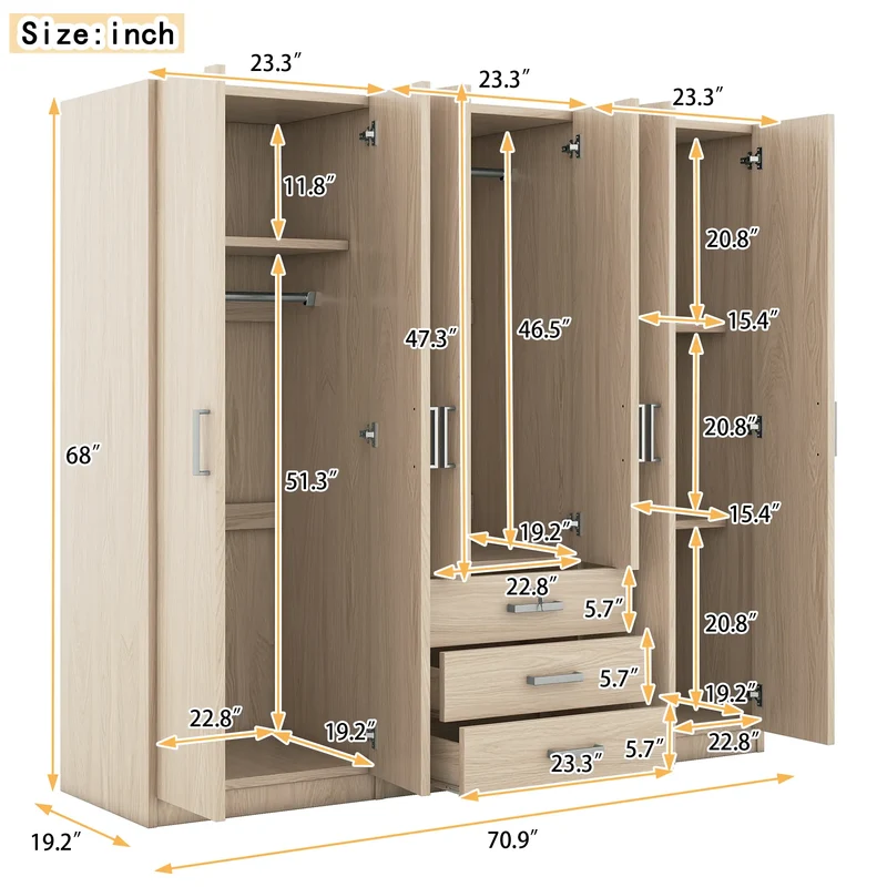 Wooden Wardrobe, 3 Drawers, MDF, Silver Handles, 71" L x 19" W x 68" H, Natural