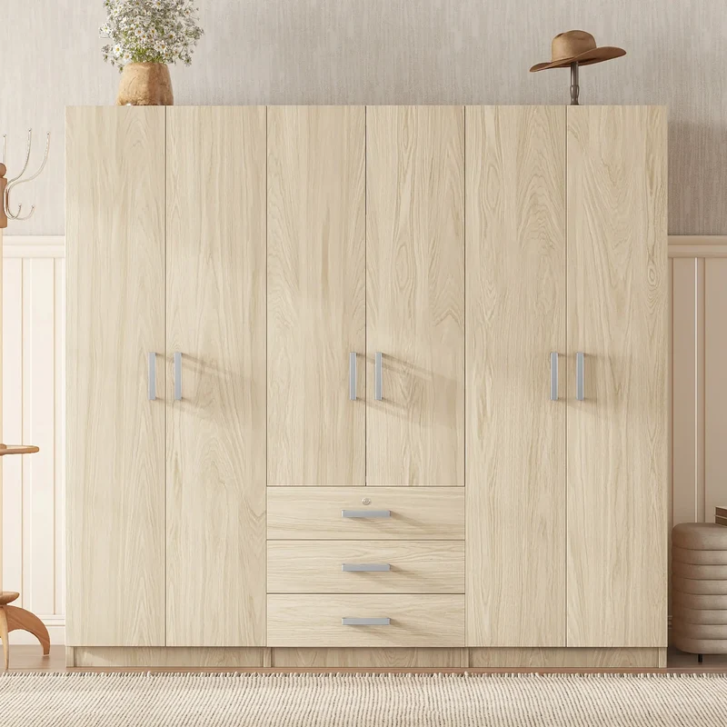 Wooden Wardrobe, 3 Drawers, MDF, Silver Handles, 71" L x 19" W x 68" H, Natural