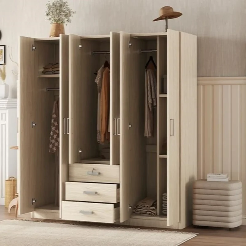 Wooden Wardrobe, 3 Drawers, MDF, Silver Handles, 71" L x 19" W x 68" H, Natural