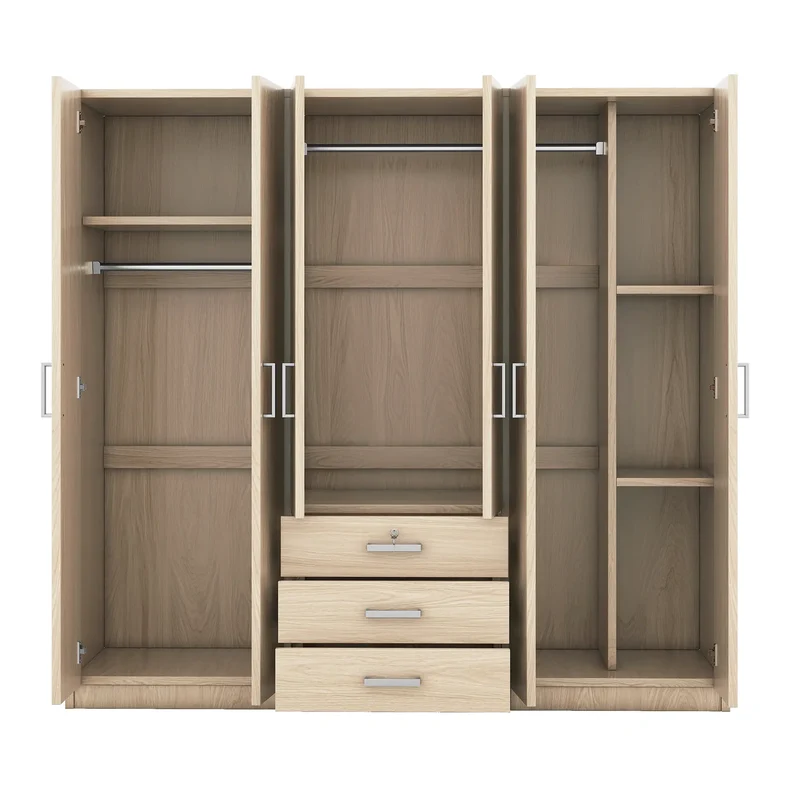 Wooden Wardrobe, 3 Drawers, MDF, Silver Handles, 71" L x 19" W x 68" H, Natural