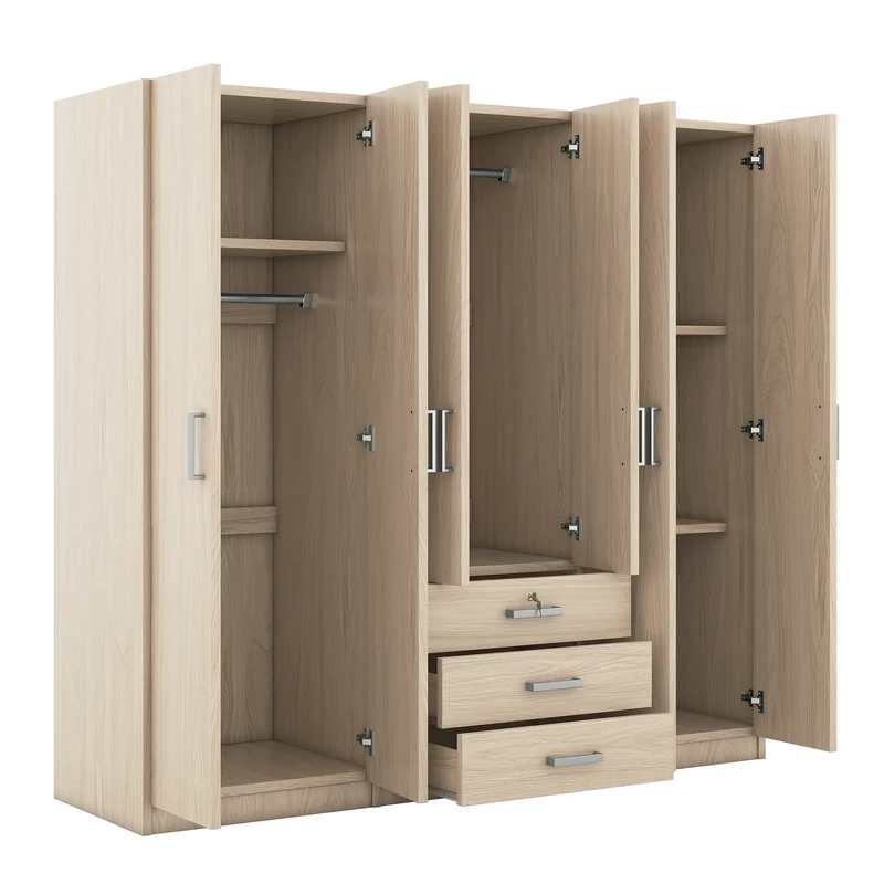 Wooden Wardrobe, 3 Drawers, MDF, Silver Handles, 71" L x 19" W x 68" H, Natural