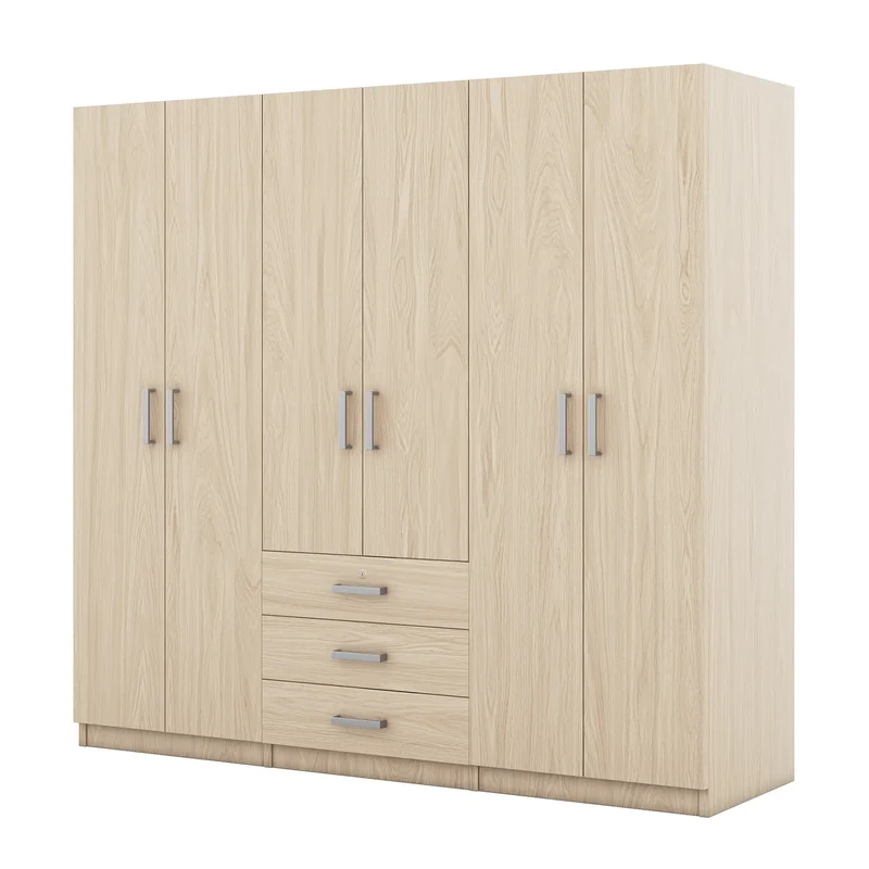 Wooden Wardrobe, 3 Drawers, MDF, Silver Handles, 71" L x 19" W x 68" H, Natural