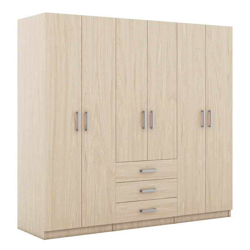 Wooden Wardrobe, 3 Drawers, MDF, Silver Handles, 71" L x 19" W x 68" H, Natural