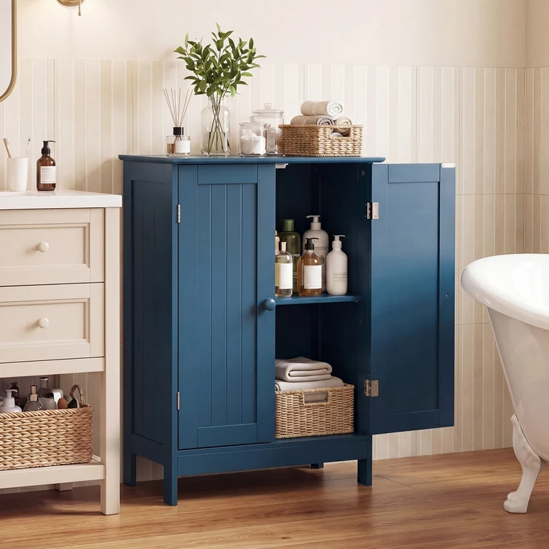 2-Door Freestanding Wooden Bathroom Cabinet, Adjustable Shelf, Blue