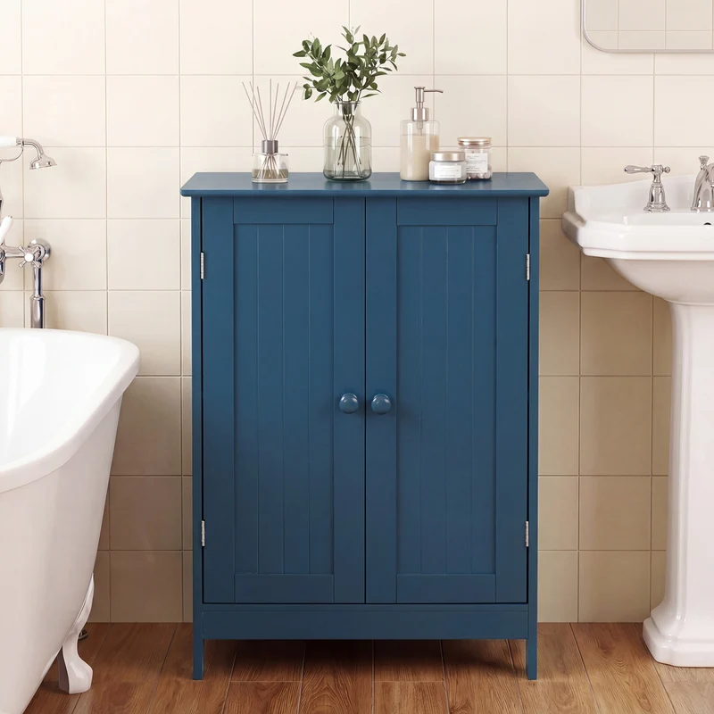 2-Door Freestanding Wooden Bathroom Cabinet, Adjustable Shelf, Blue