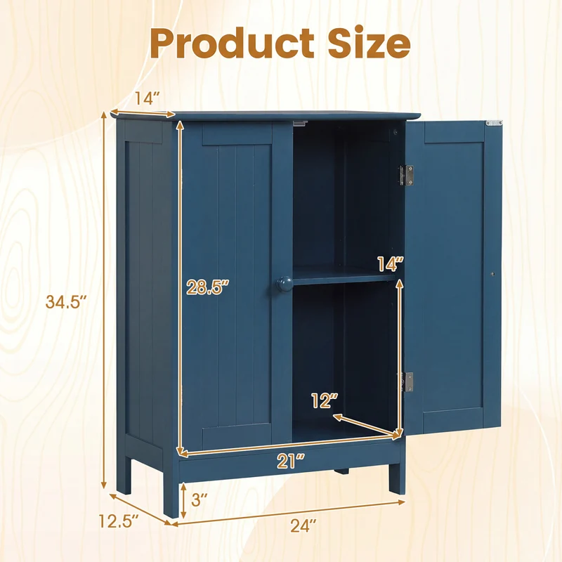 2-Door Freestanding Wooden Bathroom Cabinet, Adjustable Shelf, Blue