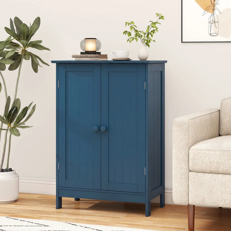 2-Door Freestanding Wooden Bathroom Cabinet, Adjustable Shelf, Blue
