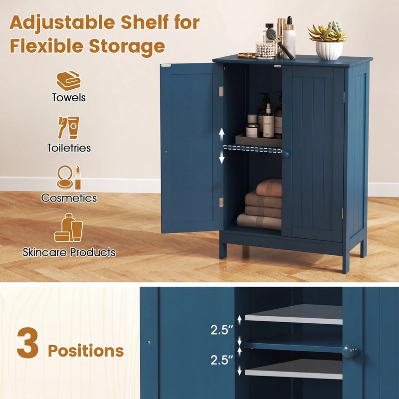 2-Door Freestanding Wooden Bathroom Cabinet, Adjustable Shelf, Blue