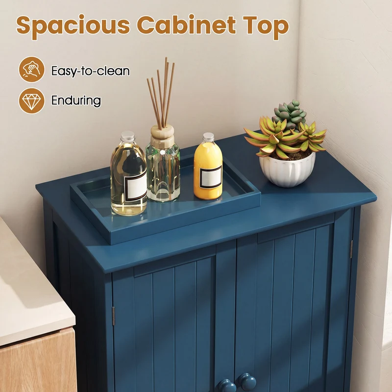 2-Door Freestanding Wooden Bathroom Cabinet, Adjustable Shelf, Blue