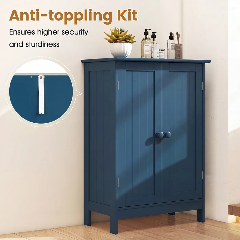 2-Door Freestanding Wooden Bathroom Cabinet, Adjustable Shelf, Blue