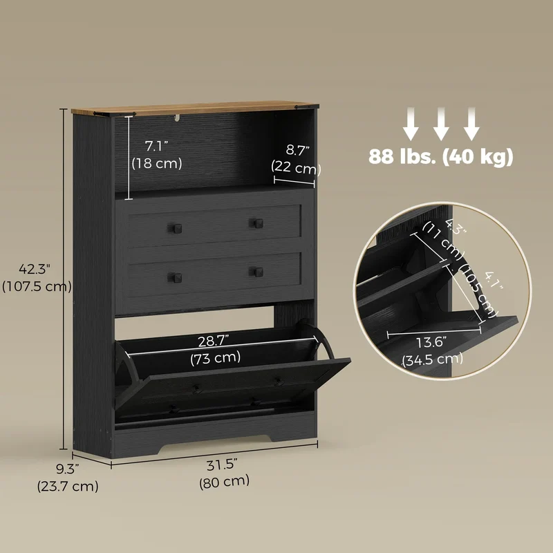 Shoe Cabinet With 2 Flip Drawers, Narrow, Black