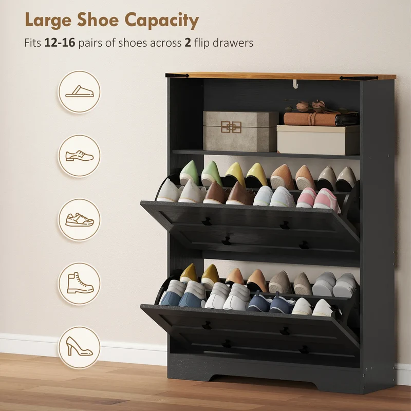 Shoe Cabinet With 2 Flip Drawers, Narrow, Black