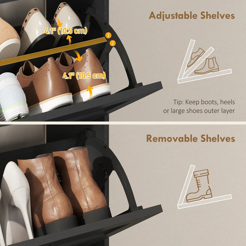 Shoe Cabinet With 2 Flip Drawers, Narrow, Black