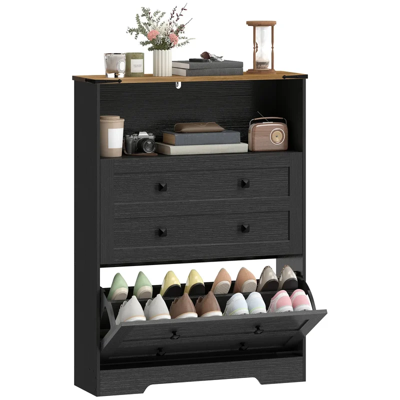Shoe Cabinet With 2 Flip Drawers, Narrow, Black