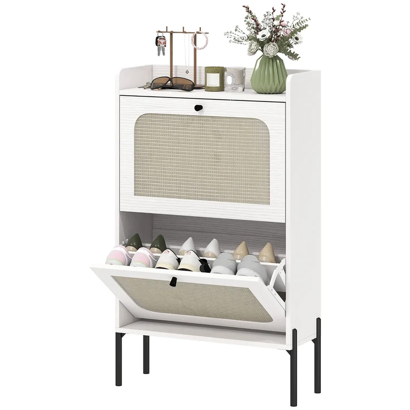 Shoe Cabinet With 2 Flip Drawers, Narrow, White
