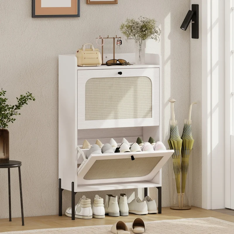 Shoe Cabinet With 2 Flip Drawers, Narrow, White