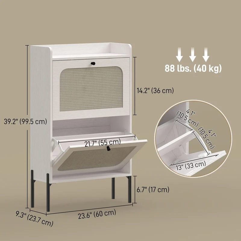 Shoe Cabinet With 2 Flip Drawers, Narrow, White