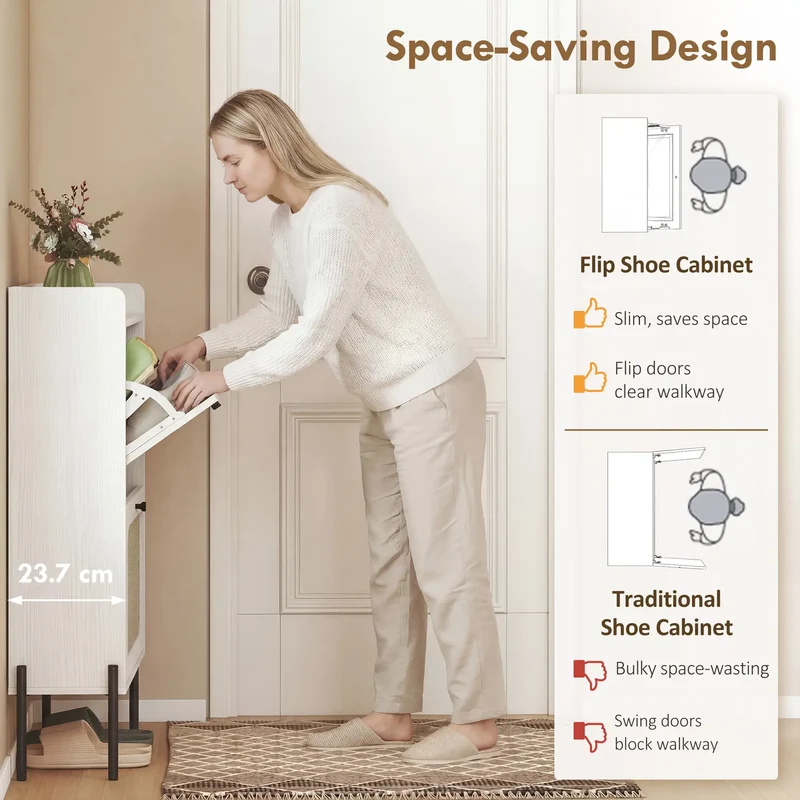 Shoe Cabinet With 2 Flip Drawers, Narrow, White