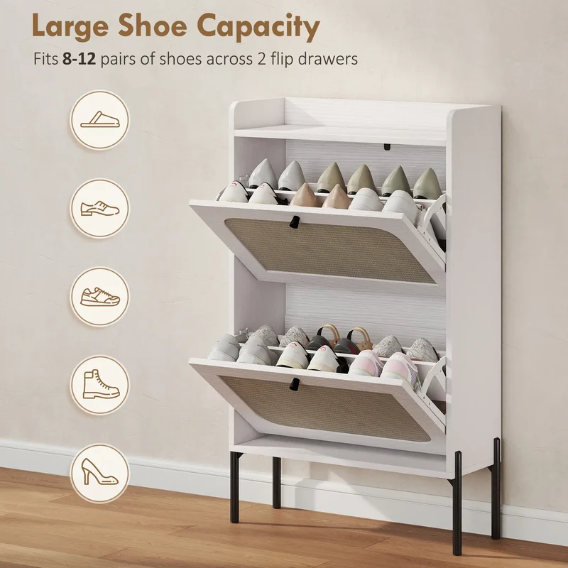 Shoe Cabinet With 2 Flip Drawers, Narrow, White