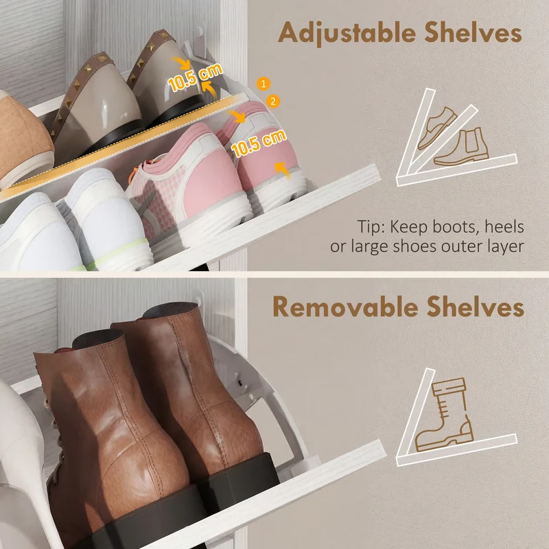 Shoe Cabinet With 2 Flip Drawers, Narrow, White