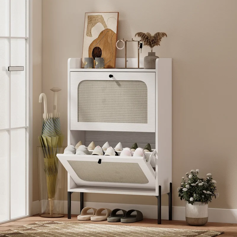 Shoe Cabinet With 2 Flip Drawers, Narrow, White