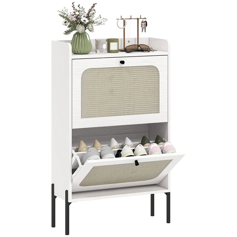 Shoe Cabinet With 2 Flip Drawers, Narrow, White
