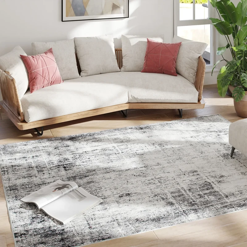 Modern Abstract Area Rug, 6x9, Machine Washable, Non-Slip, Grey