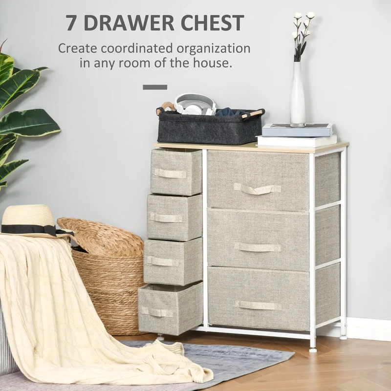 7-Drawer Dresser, Metal Frame, Fabric, Light Grey