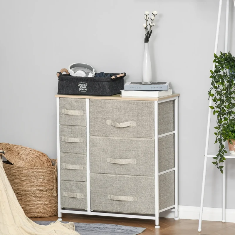 7-Drawer Dresser, Metal Frame, Fabric, Light Grey