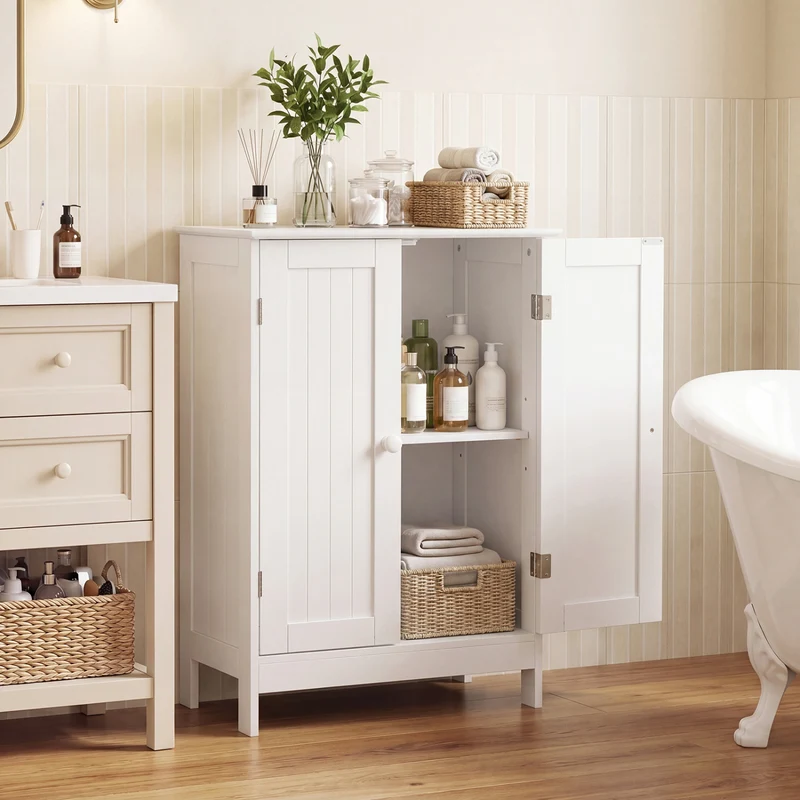 Bathroom Floor Storage Cabinet, Double Door, White