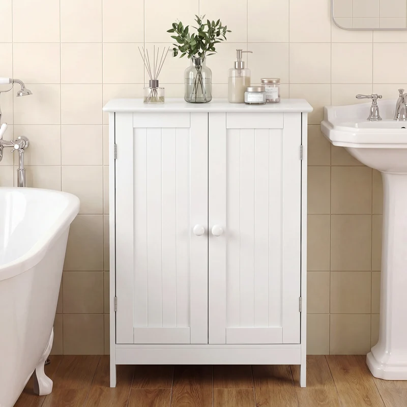 Bathroom Floor Storage Cabinet, Double Door, White